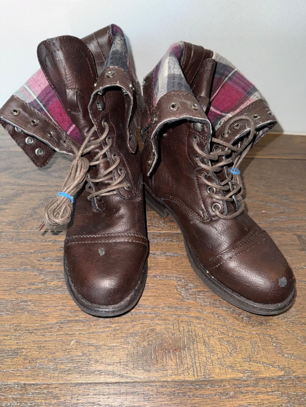 Cathy Jean Brown Plaid Foldover Combat Boots Lace Up Ankle Boots Size 5